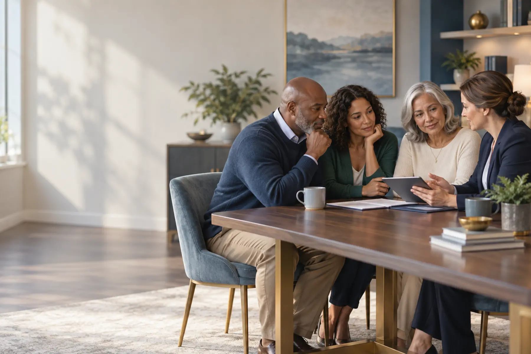 A family calmly reviewing arrangements with a caring professional